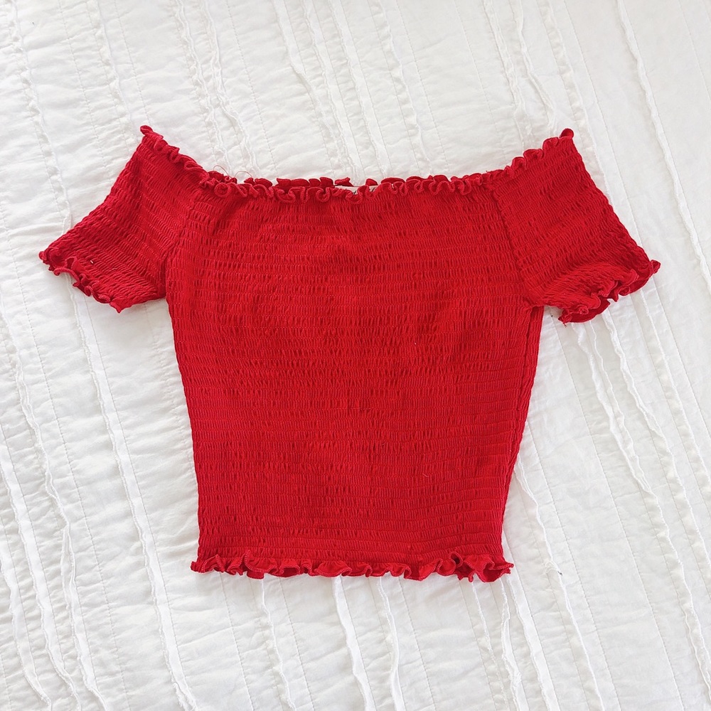 red off the shoulder top